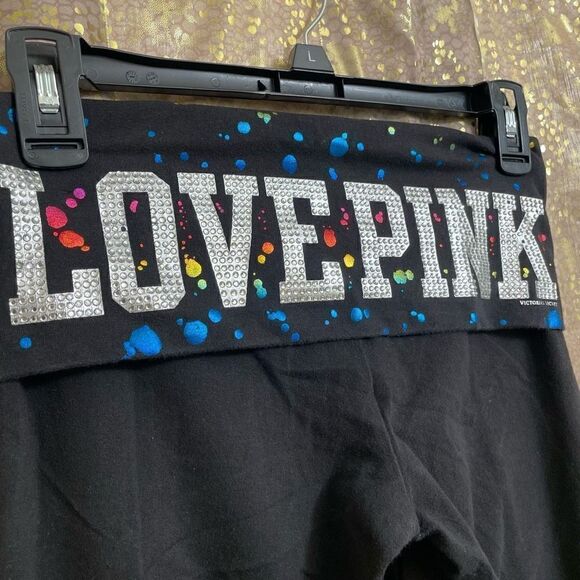 VTG PINK Y2K Rhinestone Metallic Paint Splatter Fold Over Capris XS - Picture 3 of 7